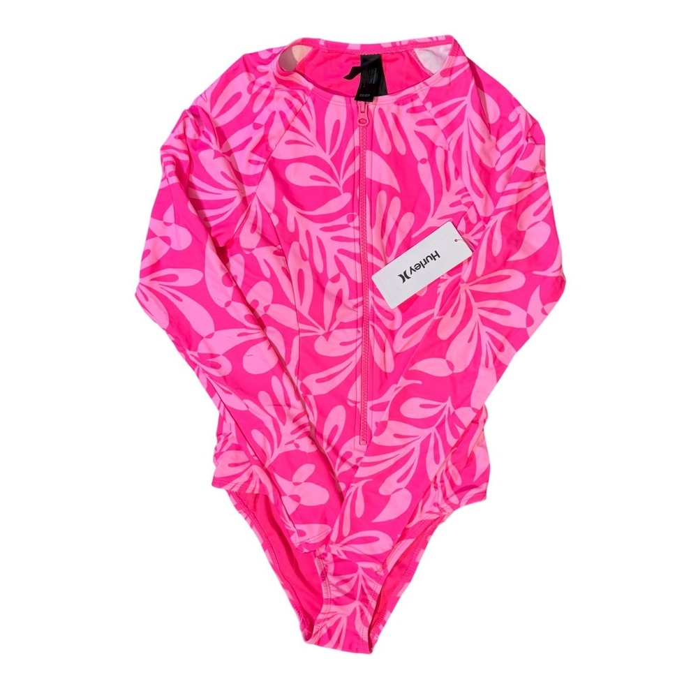 NWT Hurley Pink Tropical Print Long Sleeve 1Pc Swimsuit UPF50+ Zip Front Pink LG - Picture 6 of 7